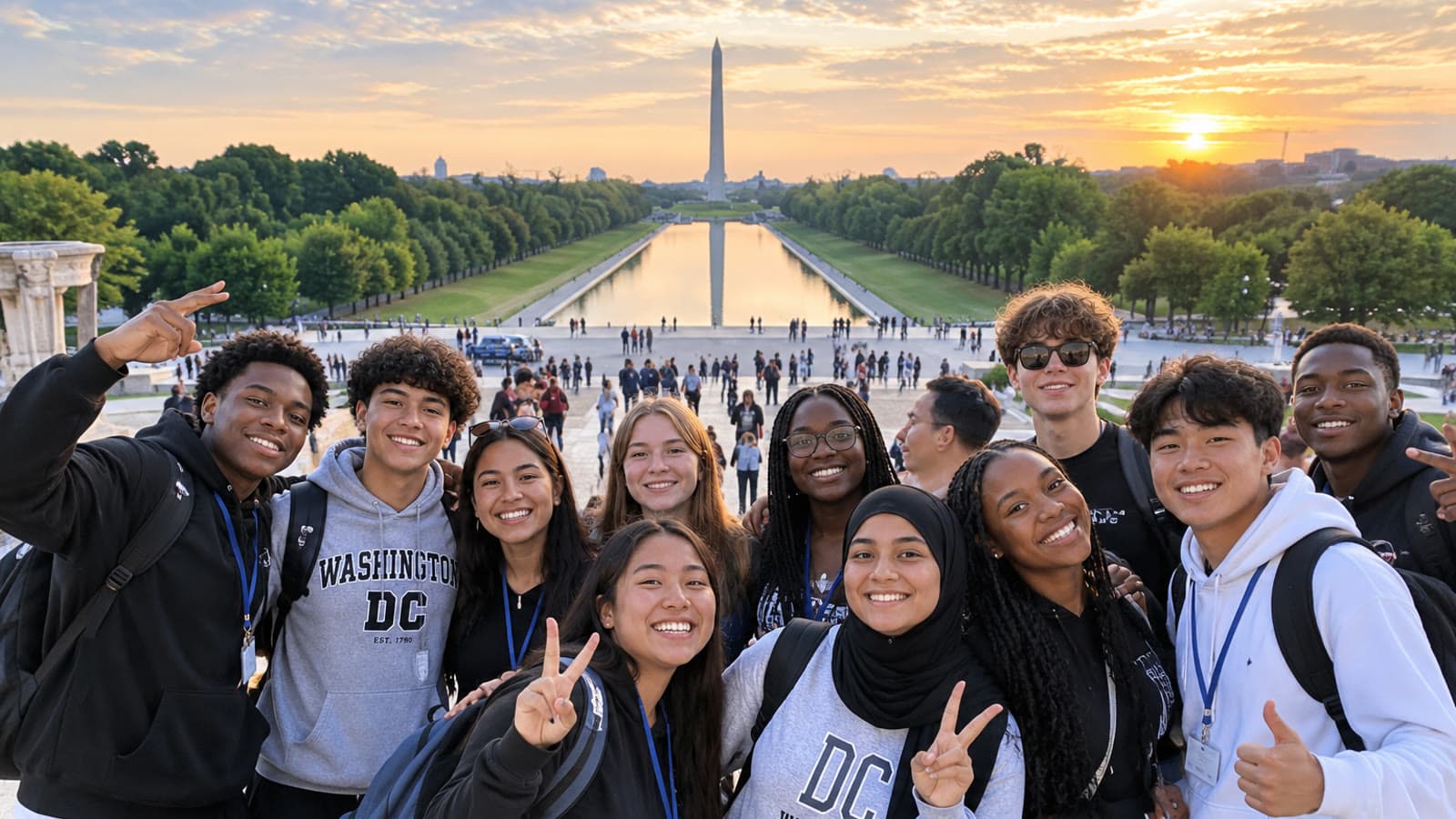 High school students posing together at the Lincoln Memorial with the Washington Monument and Reflecting Pool at sunset