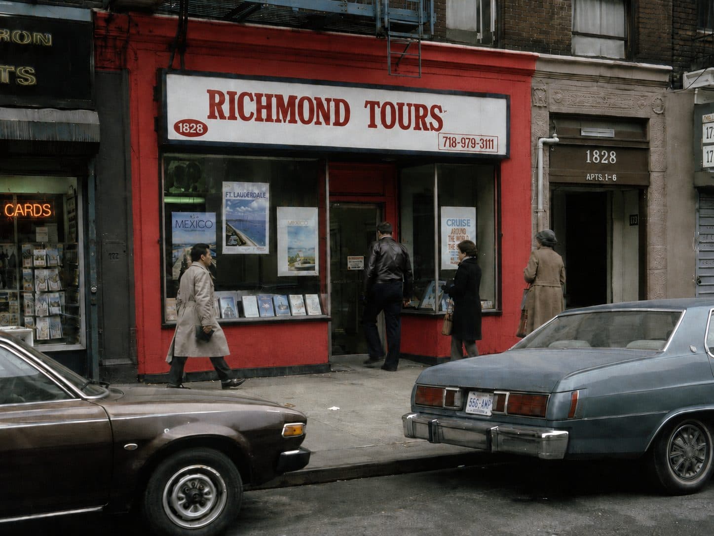 The original Richmond Tours storefront with its red awning and 1980s cars parked out front